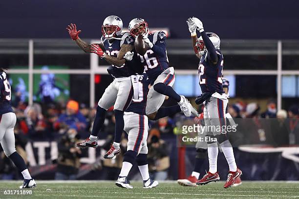 Logan Ryan of the New England Patriots reacts in the second half against the Houston Texans during the AFC Divisional Playoff Game at Gillette...