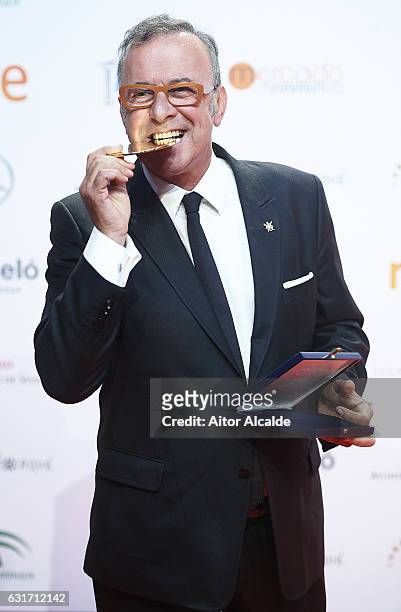 Producer Antonio Perez receives the Golden Medal Award at the Jose Maria Forque Awards 2016 at Teatro de la Maestranza on January 14, 2017 in...