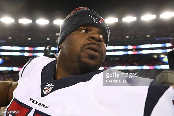 Vince Wilfork of the Houston Texans looks on after their 34-16 loss to the New England Patriots in the AFC Divisional Playoff Game at Gillette...