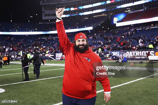 Defensive coordinator Matt Patricia of the New England Patriots reacts after the Patriots 34-16 victory over the Houston Texas in the AFC Divisional...
