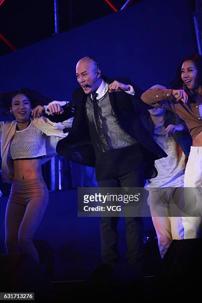 Singer Raymond Lam Fung performs onstage during Emperor Entertainment Group concert tour on January 14, 2016 in Guangzhou, Guangdong Province of...