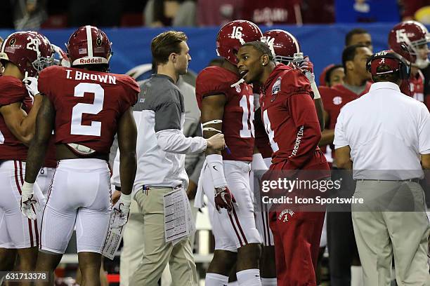 Alabama Crimson Tide defensive back Eddie Jackson encourages teammates before the College Football Playoff Semifinal at the Chick-fil-A Peach Bowl...