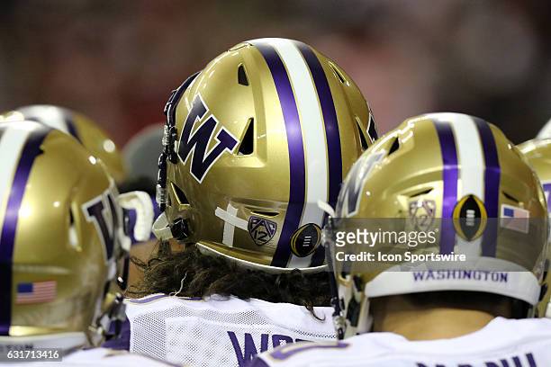 Washington Huskies helmets at the College Football Playoff Semifinal at the Chick-fil-A Peach Bowl between the Washington Huskies and the Alabama...