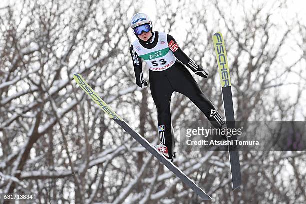 Maren Lundby of Norway competes in the Ladies HS 100 during the FIS Women's Ski Jumping World Cup Sapporo at the Miyanomori Ski Jump Stadium on...