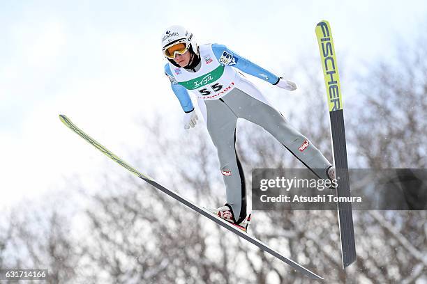 Daniela Iraschko-Stolz of Austria competes in the Ladies HS 100 during the FIS Women's Ski Jumping World Cup Sapporo at the Miyanomori Ski Jump...