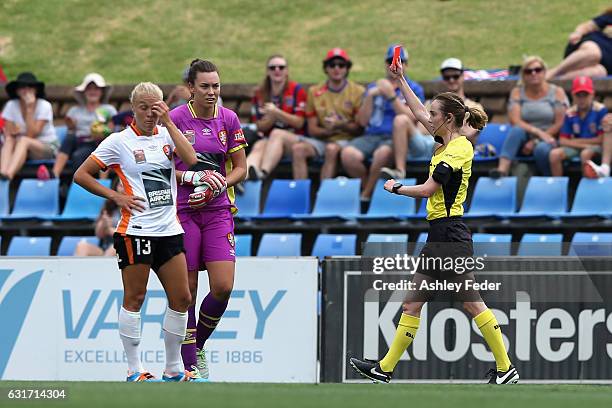 Mackenzie Arnold of the Roar is shown a red card during the round 12 W-League match between the Newcastle Jets and the Brisbane Roar at McDonald...