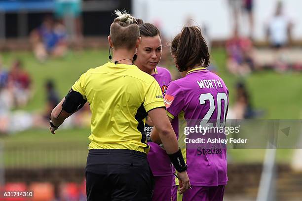 Mackenzie Arnold of the Roar is shown a red card during the round 12 W-League match between the Newcastle Jets and the Brisbane Roar at McDonald...