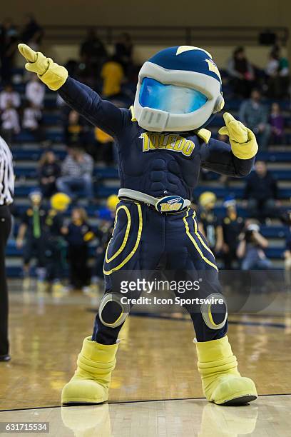 Toledo mascot Rocky performs during a timeout during a regular season basketball game between the Northern Illinois Huskies and the Toledo Rockets on...