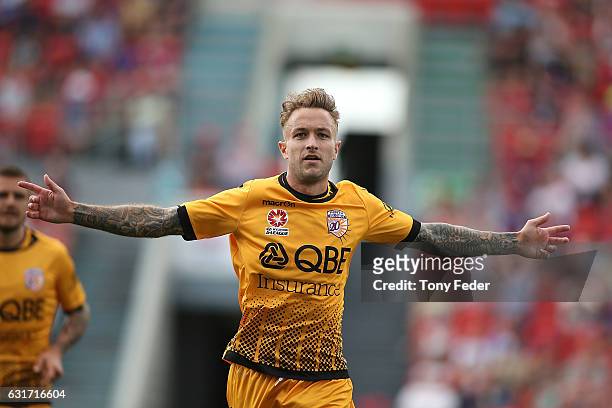 Adam Taggart of the Glory celebrates a goal during the round 15 A-League match between the Newcastle Jets and the Perth Glory at McDonald Jones...