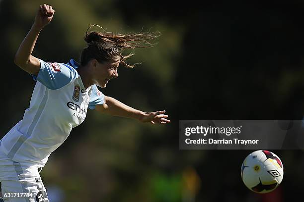 Laura Alleway of Melbourne City heads the ball during the round 12 W-League match between Melbourne Victory and Melbourne City FC at Epping Stadium...