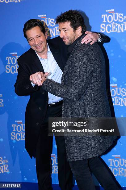 French voices of the movie, imitator Laurent Gerra and singer Patrick Bruel attend the "Tous en Scene" Paris Premiere at Le Grand Rex on January 14,...