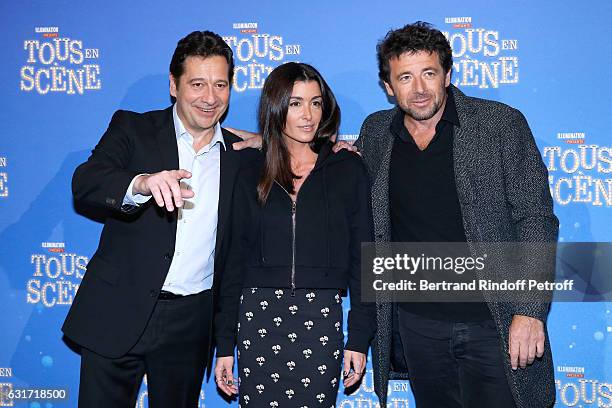 French voices of the movie, imitator Laurent Gerra, singer Jenifer Bartoli and singer Patrick Bruel attend the "Tous en Scene" Paris Premiere at Le...