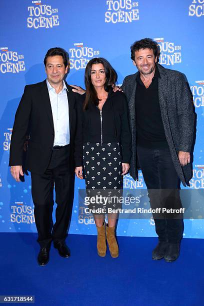 French voices of the movie, imitator Laurent Gerra, singer Jenifer Bartoli and singer Patrick Bruel attend the "Tous en Scene" Paris Premiere at Le...
