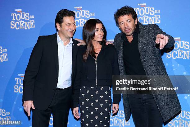 French voices of the movie, imitator Laurent Gerra, singer Jenifer Bartoli and singer Patrick Bruel attend the "Tous en Scene" Paris Premiere at Le...