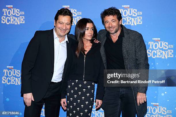 French voices of the movie, imitator Laurent Gerra, singer Jenifer Bartoli and singer Patrick Bruel attend the "Tous en Scene" Paris Premiere at Le...