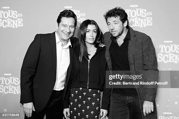 French voices of the movie, imitator Laurent Gerra, singer Jenifer Bartoli and singer Patrick Bruel attend the "Tous en Scene" Paris Premiere at Le...