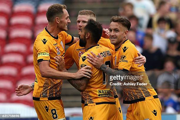 Perth Glory celebrate a goal from Andrew Keogh during the round 15 A-League match between the Newcastle Jets and the Perth Glory at McDonald Jones...