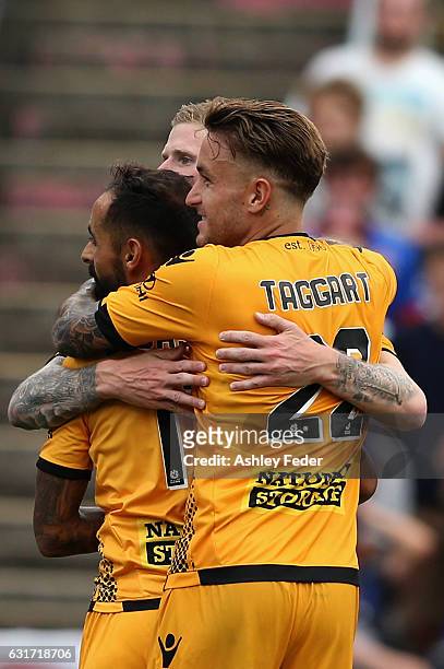 Perth Glory celebrate a goal from Andrew Keogh during the round 15 A-League match between the Newcastle Jets and the Perth Glory at McDonald Jones...