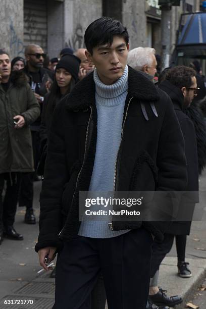 Model attends the Dolce &amp; Gabbana show during Milan Men's Fashion Week Fall/Winter 2017/18 on January 14, 2017 in Milan, Italy.