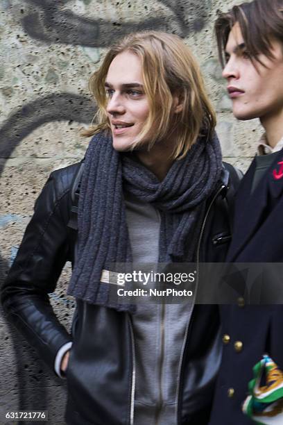 Model attends the Dolce &amp; Gabbana show during Milan Men's Fashion Week Fall/Winter 2017/18 on January 14, 2017 in Milan, Italy.