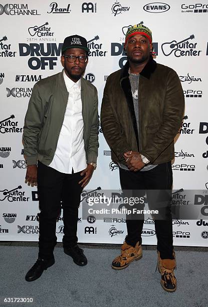 James Agnew and guest attend Guitar Center's 28th Annual Drum-Off Finals Event at The Novo by Microsoft on January 14, 2017 in Los Angeles,...