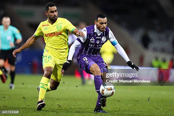 Martin Braithwaite of Toulouse and Levy Djidji of Nantes during the Ligue 1 match between Toulouse FC and FC Nantes at Stadium Municipal on January...