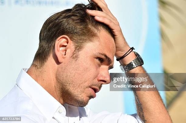 Stan Wawrinka of Switzerland arrives at the 2017 Australian Open party at Crown on January 15, 2017 in Melbourne, Australia.