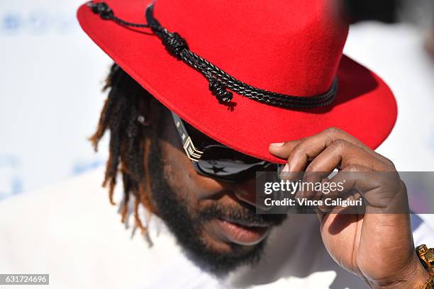 West Indies Cricketer Chris Gayle arrives at the 2017 Australian Open party at Crown on January 15, 2017 in Melbourne, Australia.