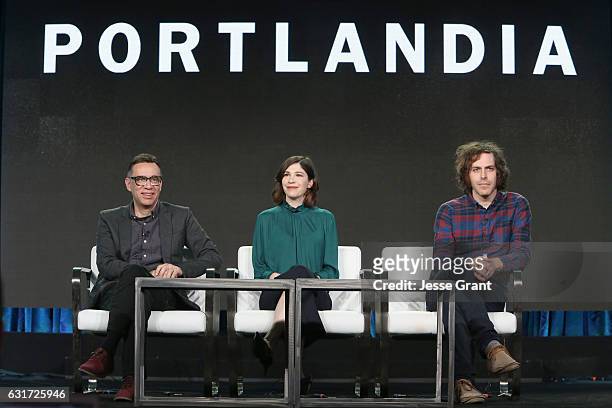Creators Fred Armisen, Carrie Brownstein and Jonathan Krisel speak onstage during the IFC presentation of Brockmire and Portlandia on January 14,...
