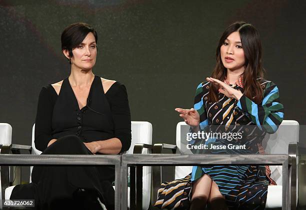 Actresses Carrie-Anne Moss and Gemma Chan speak onstage during the AMC presentation of The SON, HUMANS Season 2, Better Call Saul Season 3 on January...