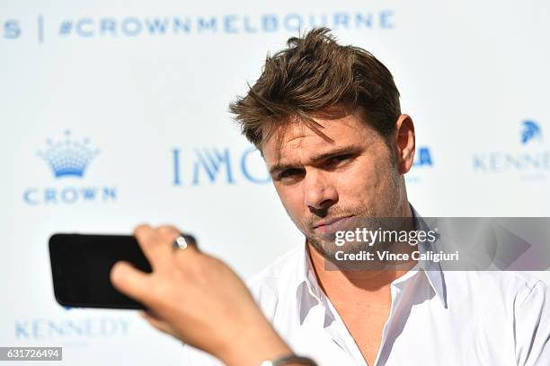 Stan Wawrinka of Switzerland arrives at the 2017 Australian Open party at Crown on January 15, 2017 in Melbourne, Australia.