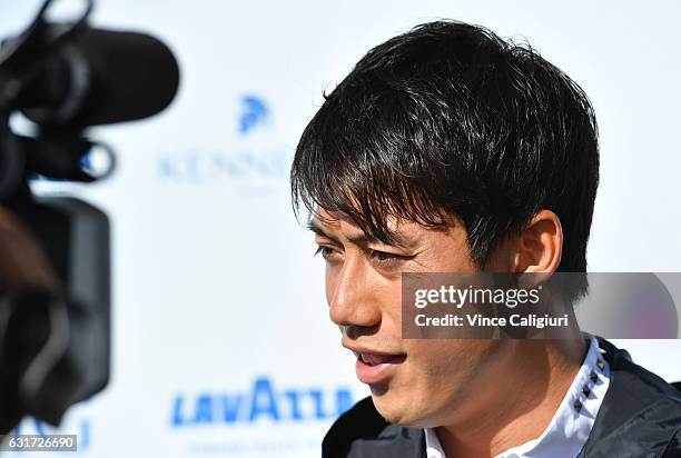 Kei Nishikori of Japan arrives arrives at the 2017 Australian Open party at Crown on January 15, 2017 in Melbourne, Australia.