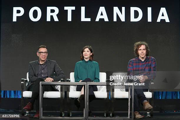 Creators Fred Armisen, Carrie Brownstein and Jonathan Krisel speak onstage during the IFC presentation of Brockmire and Portlandia on January 14,...