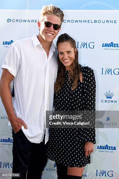 Rhys Stanley and Krisren Klements arrive at the 2017 Australian Open party at Crown on January 15, 2017 in Melbourne, Australia.