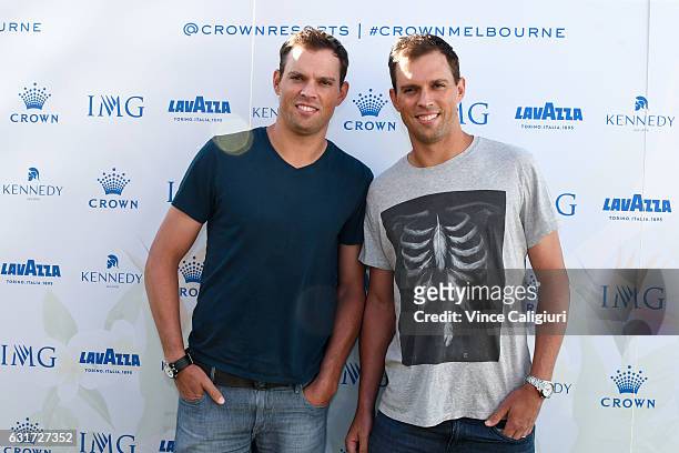 Mike Bryan and Bob Bryan arrive at the 2017 Australian Open party at Crown on January 15, 2017 in Melbourne, Australia.
