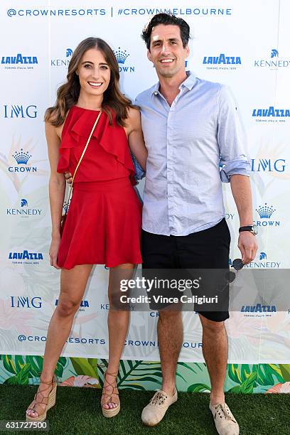 Rebecca Harding and Andy Lee arrive at the 2017 Australian Open party at Crown on January 15, 2017 in Melbourne, Australia.