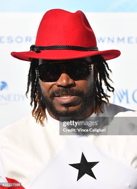 West Indies Cricketer Chris Gayle arrives at the 2017 Australian Open party at Crown on January 15, 2017 in Melbourne, Australia.