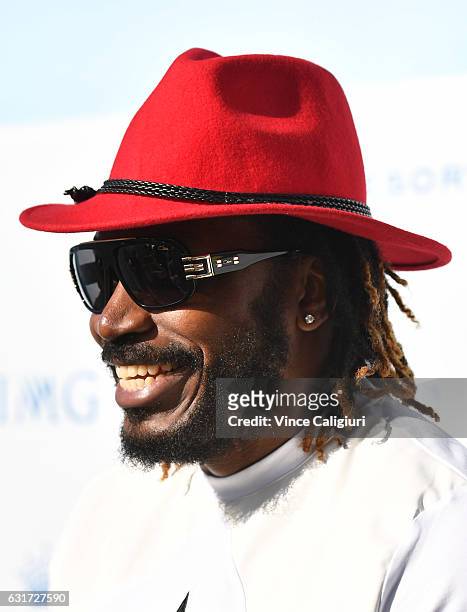 West Indies Cricketer Chris Gayle arrives at the 2017 Australian Open party at Crown on January 15, 2017 in Melbourne, Australia.