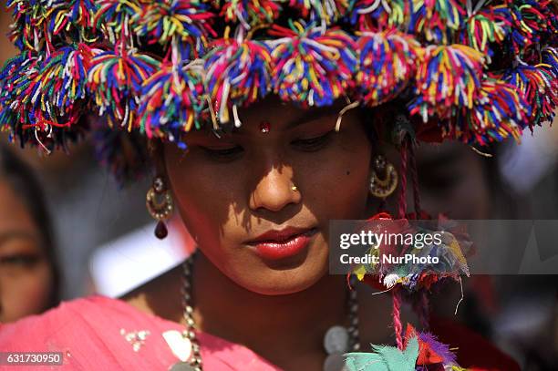 Portrait of Nepalese Tharu community girl in a traditional attire during prade of the Maghi festival celebrations, or the New Year of the Tharu...