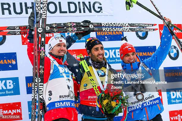 Martin Fourcade of France takes 1st place, Emil Hegle Svendsen of Norway takes 2nd place, Michal Krcmar of Czech Republic takes 3rd place during the...