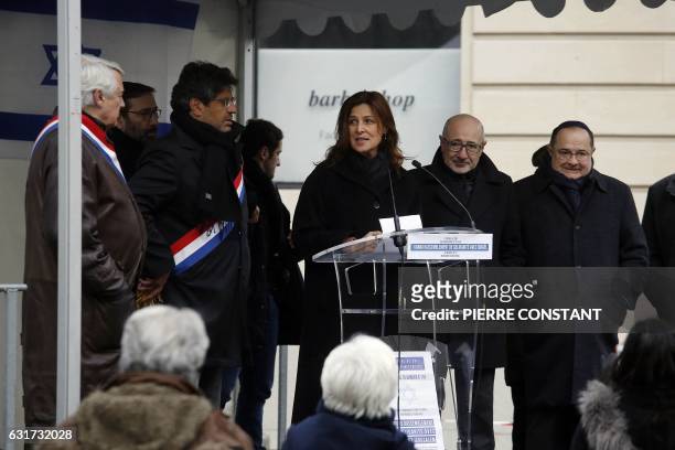 Israel's Ambassador to France Aliza Bin-Noun , flanked by Paris' mayor of the 16th arrondissement Claude Goasguen , French Member of Parliament Meyer...
