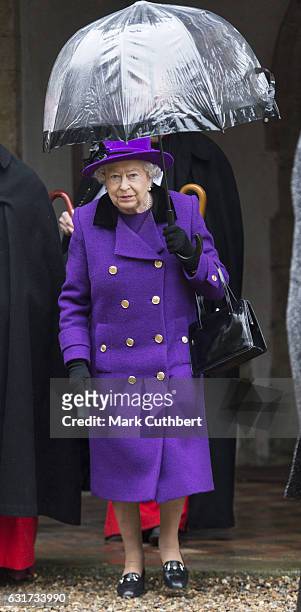 Queen Elizabeth II attends Sunday Church Service at St Mary the Virgin on January 15, 2017 in Flitcham, England.