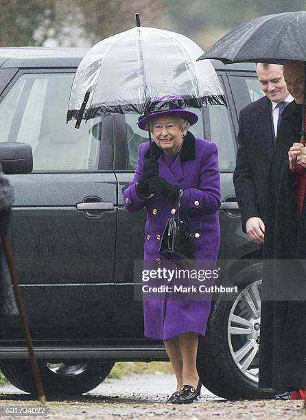 Queen Elizabeth II attends Sunday Church Service at St Mary the Virgin on January 15, 2017 in Flitcham, England.