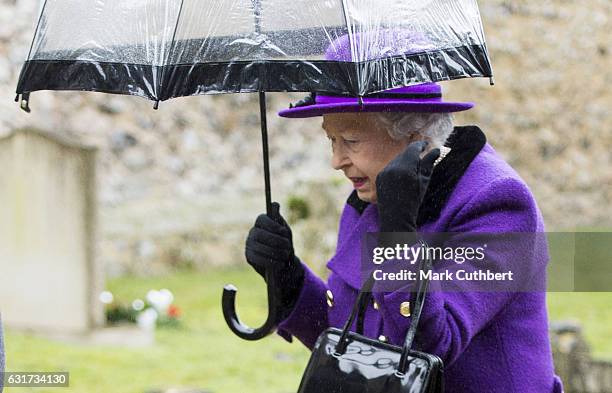 Queen Elizabeth II attends Sunday Church Service at St Mary the Virgin on January 15, 2017 in Flitcham, England.