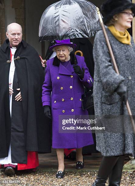 Queen Elizabeth II attends Sunday Church Service at St Mary the Virgin on January 15, 2017 in Flitcham, England.