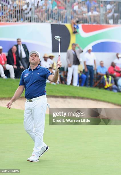 Graeme Storm of England reacts on the 18th green on the second extra play off hole against Rory McIlroy of Northern Ireland during the final round of...