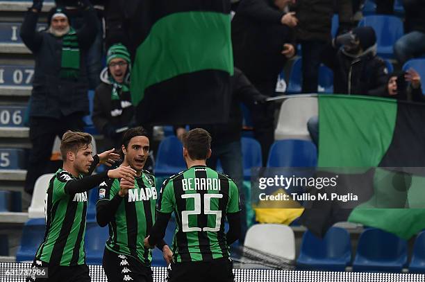 Alessandro Matri of Sassuolo celebrates after scoring the equalizing during the Serie A match between US Sassuolo and US Citta di Palermo at Mapei...