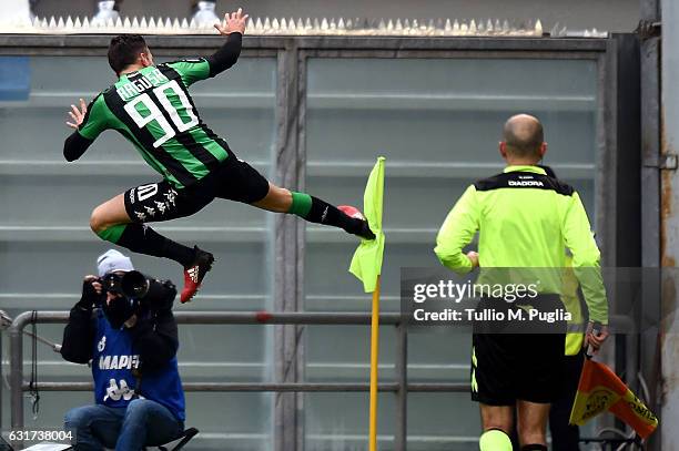 Antonino Ragusa of Sassuolo celebrates after scoring his team's second goal during the Serie A match between US Sassuolo and US Citta di Palermo at...