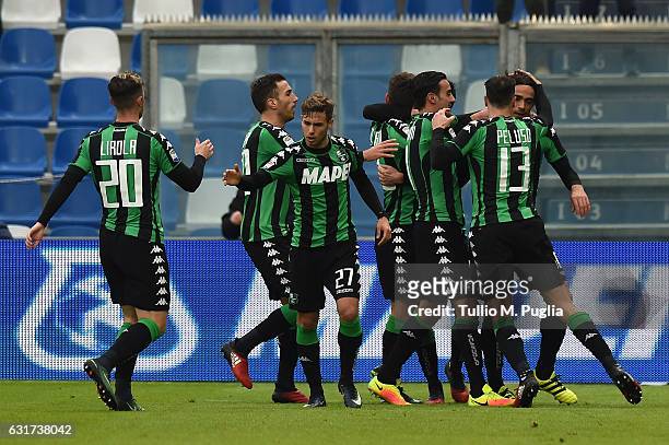 Alessandro Matri of Sassuolo celebrates after scoring the equalizing during the Serie A match between US Sassuolo and US Citta di Palermo at Mapei...