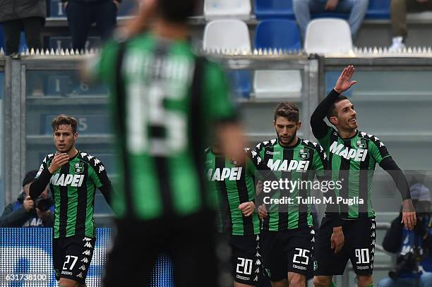 Antonino Ragusa of Sassuolo celebrates after scoring his team's second goal during the Serie A match between US Sassuolo and US Citta di Palermo at...